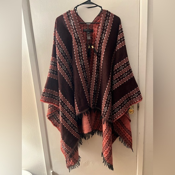 Marc New York Red and Brown Knit Poncho, red and Brown Aztec Boho Cape, one size - Picture 2 of 11